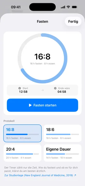 Fasten-Timer in Version 1.1 mit 16:8-Ring und den Protokollen 18:6 und 20:4