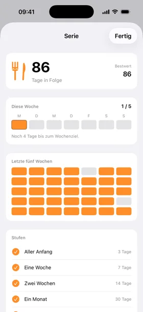 Serien-Ansicht mit 86 Tagen in Folge, Wochenziel und erreichten Stufen