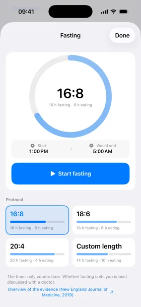 KuGT 1.1 fasting timer with the 16:8 ring and the 18:6 and 20:4 protocols