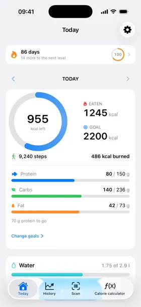 KuGT 1.1 Today view with streak, daily ring, macronutrients and water