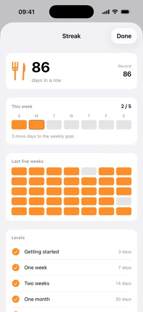 Streak view with 86 days in a row, weekly goal and milestones reached